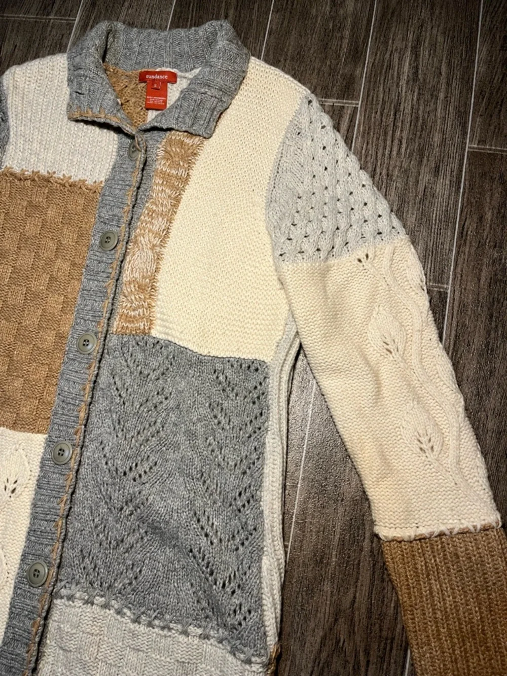 Sundance Patchwork Knit Duster Sweater Gray Tan Cream Lambswool Womens Small - Picture 3 of 8